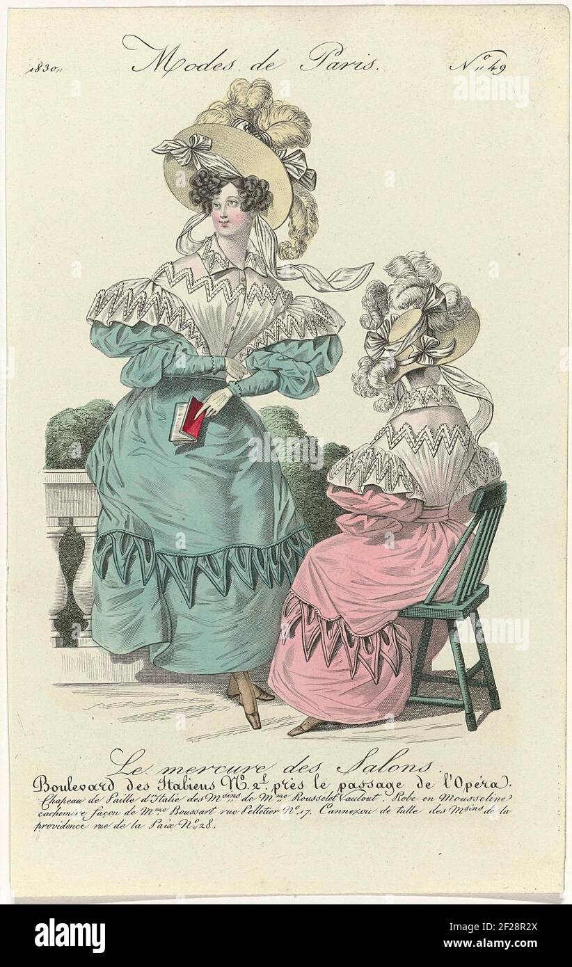 Le Mercure des Salons, Modes de Paris, 1830, No. 49: Chapeau de paill  (...).Hat from 'Paille d'Italie' from the stores of Rousselet Vaulout. Jap  of 'Mousseline Cachemire' executed on the way of