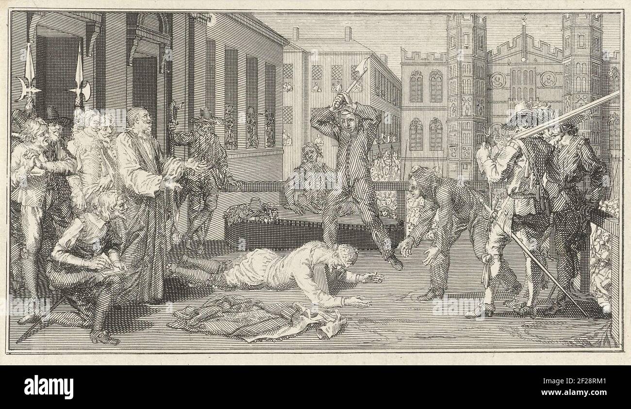 Charles I beheading on January 30, 1649. He is the only British prince ever that was deposited and beheaded. The Beul is about to save his head with an ax. A spiritual and other bystanders watch. Stock Photo