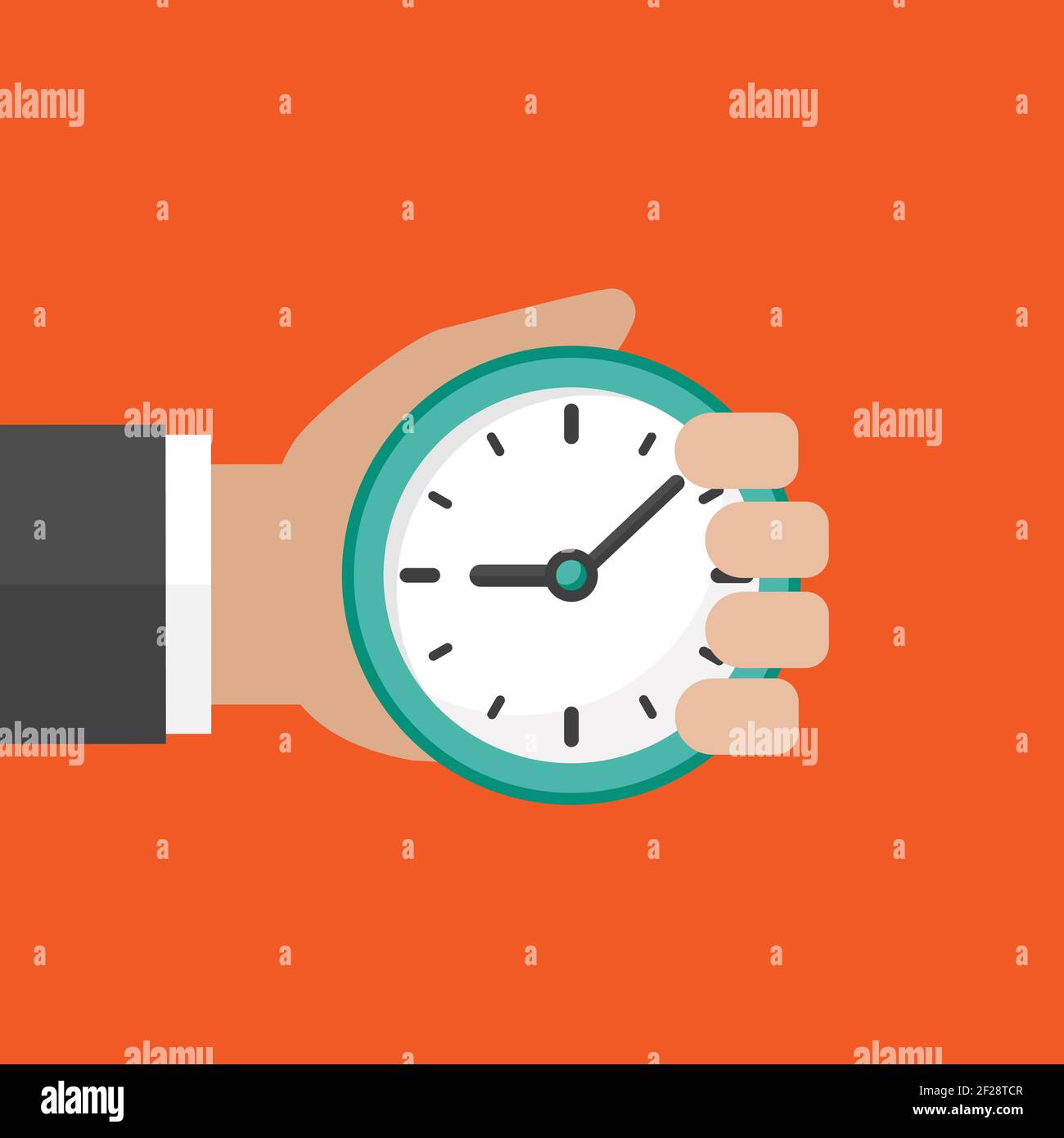 Hand with blue clock isolated on red background. Fast time stop watch, limited offer, deadline
