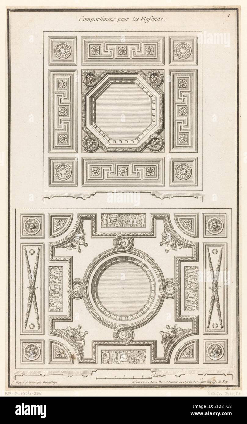 Ceilings with floral motifs and figures; Compartimens Pour Les Ceilings; 51st Cayer Modéles Pour Diver Compartimens à l'Usage des ceilings, Voutes et Parquets; Cinquième Volume, Recueil Élémentaire d'Architecture (...). A ceiling with leaf and floral motifs. Below there is a ceiling with medallions with portraits, panels with figures with vases, smoke barrels and animals and in the corners two seated figures and rosettes. Print number 304. Stock Photo