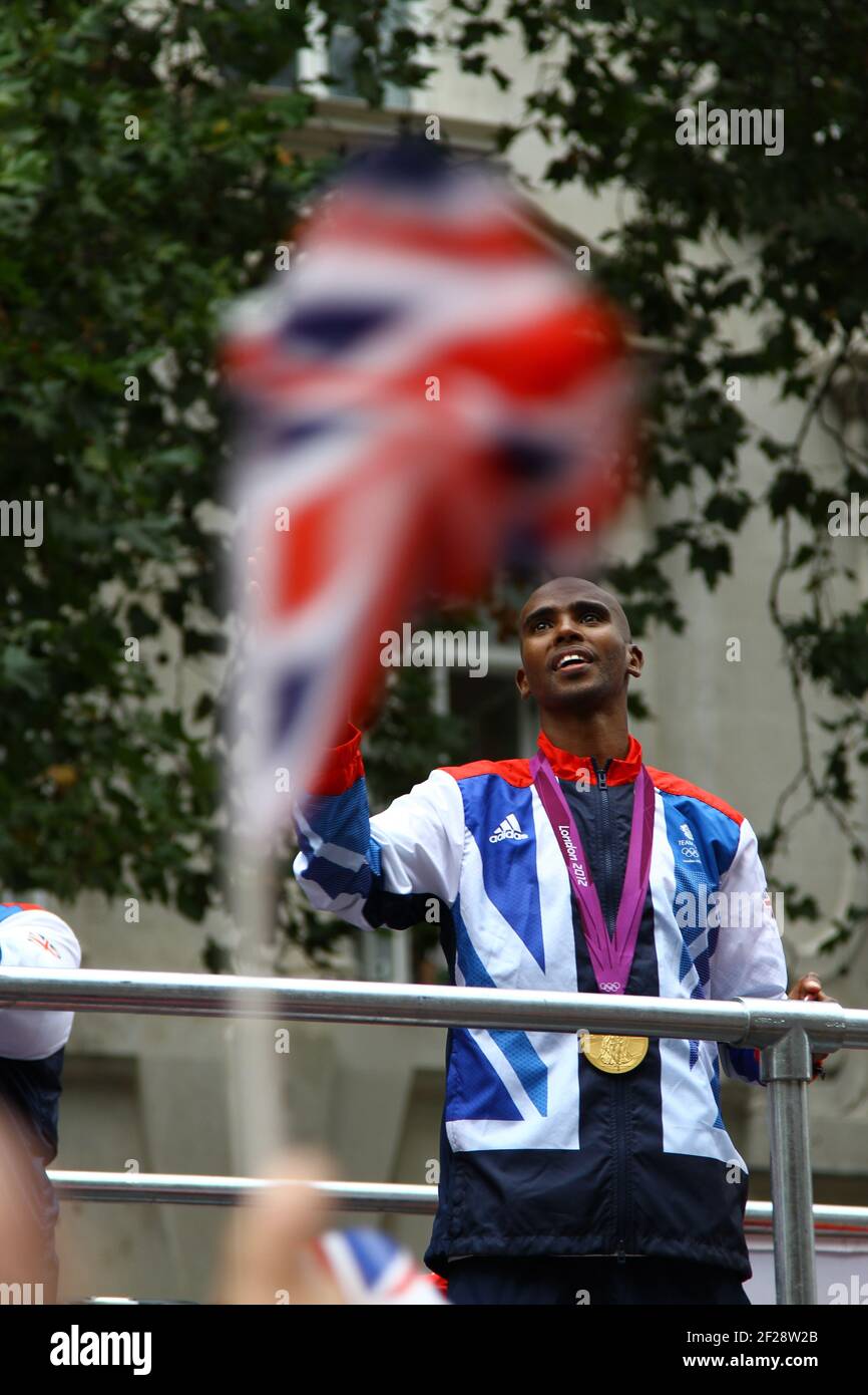 Mo Farah CBE Olympic and World class athlete at the 2012 Olympic parade in the City of London, England. World champion. British sport people. Stock Photo