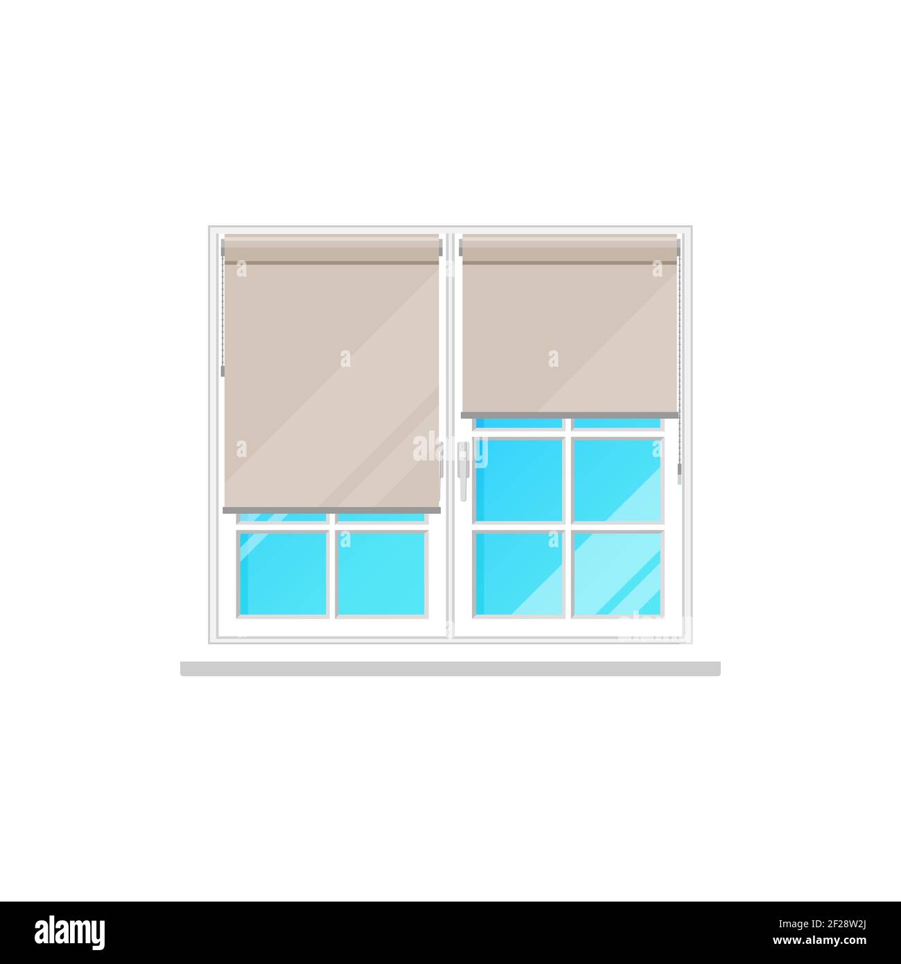 Window curtains or roller blinds or roll shutters, vector flat isolated icon. Window frame interior with night drape folds or roller drapery shades of Stock Vector