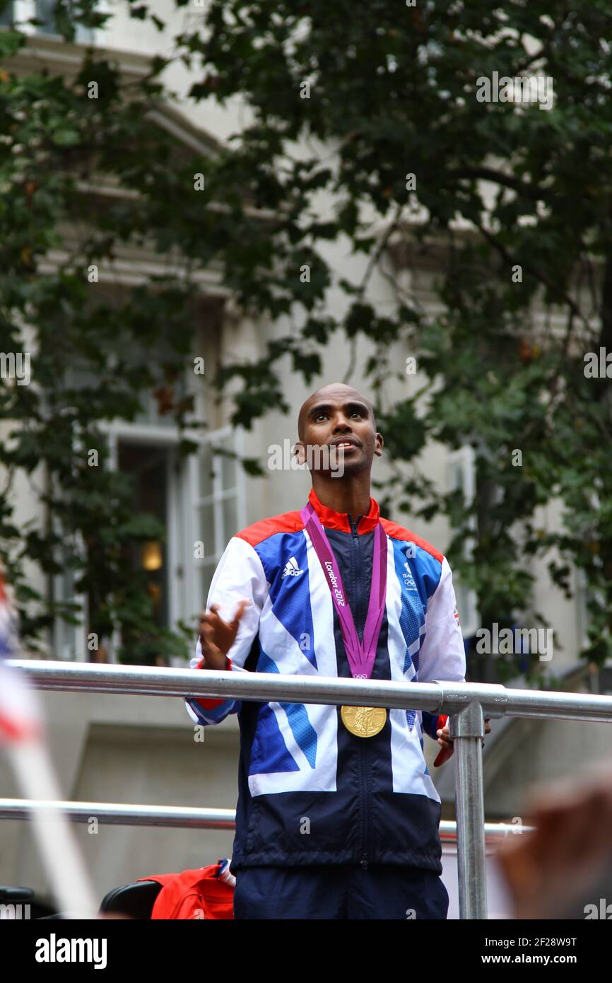 Mo Farah CBE Olympic and World class athlete at the 2012 Olympic parade in the City of London, England. World champion. British sport people. Stock Photo
