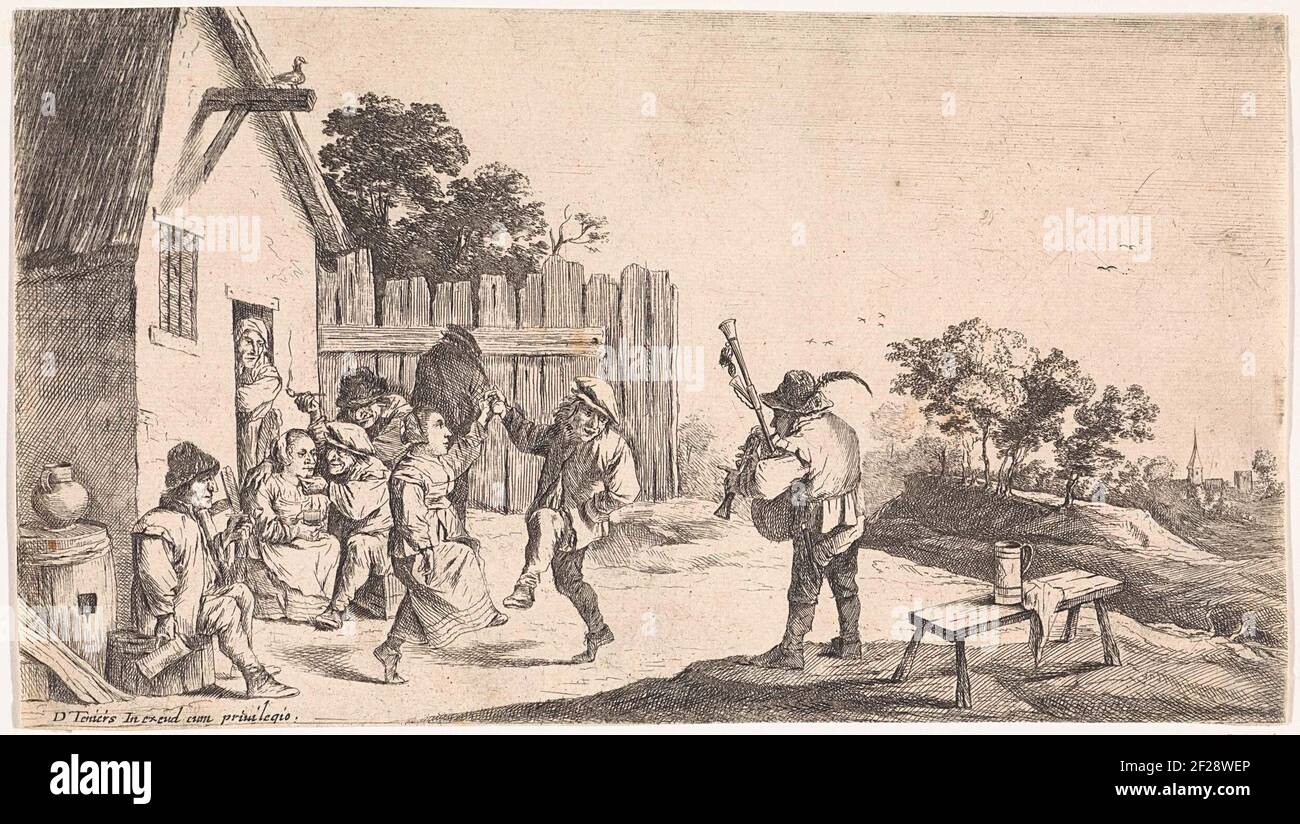 Dans voor de herberg; Genretaferelen in de open lucht.A pair dances for an inn on the music of a bagpipe player. Drinking farmers are in front of the inn. Stock Photo