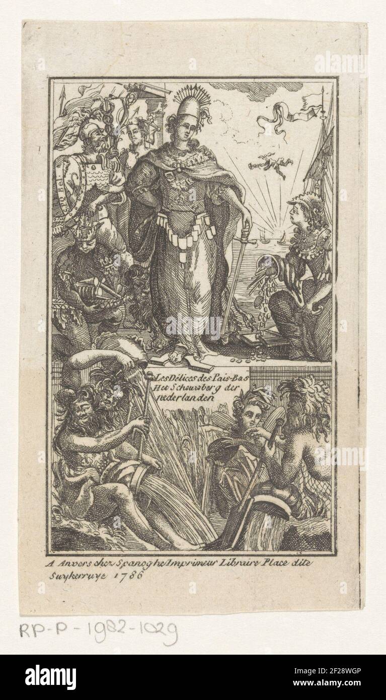 Allegorie op de Nederlanden; Titelpagina voor: Jean Baptiste Christyn, Les  Délices des Pais-Bas (...), 1786.In the middle there is a personification  of the Netherlands with a sword and a salmon with seventeen