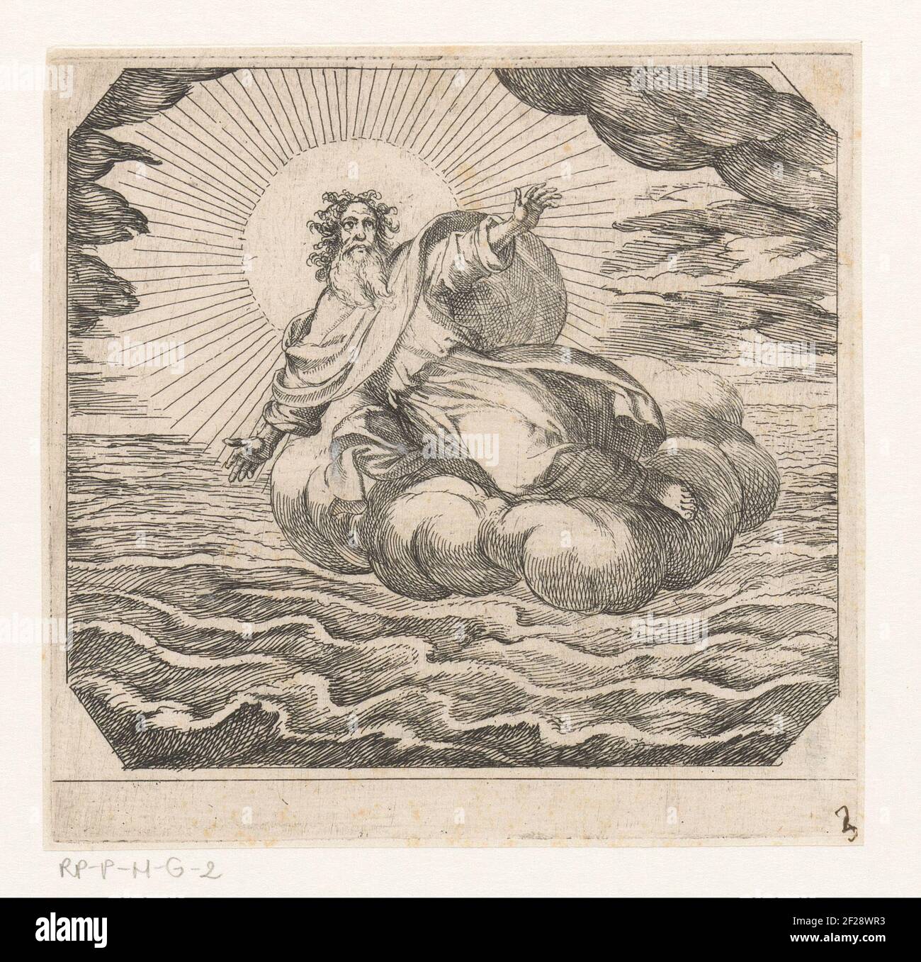 God creates heaven and earth; The creation.god floating over a cloud ...