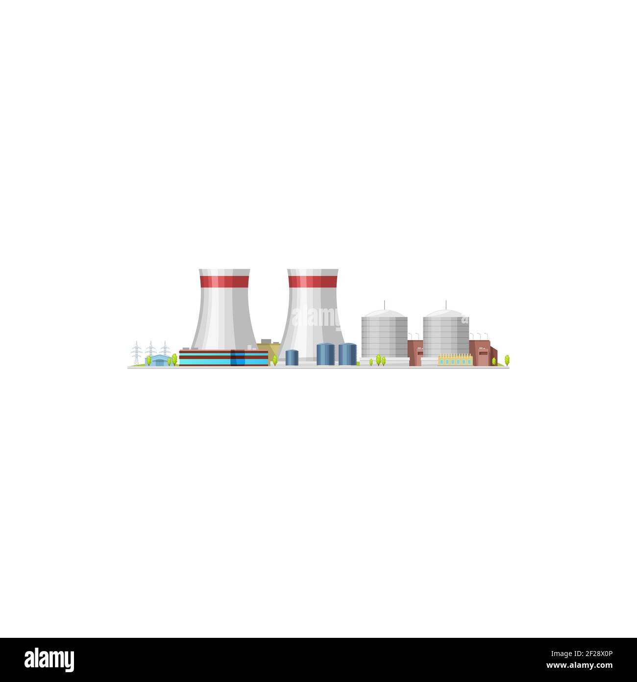 Nuclear power plant or thermal energy station, vector building, flat isolated factory. Nuclear power and atomic reactor factory with cooling towers or Stock Vector