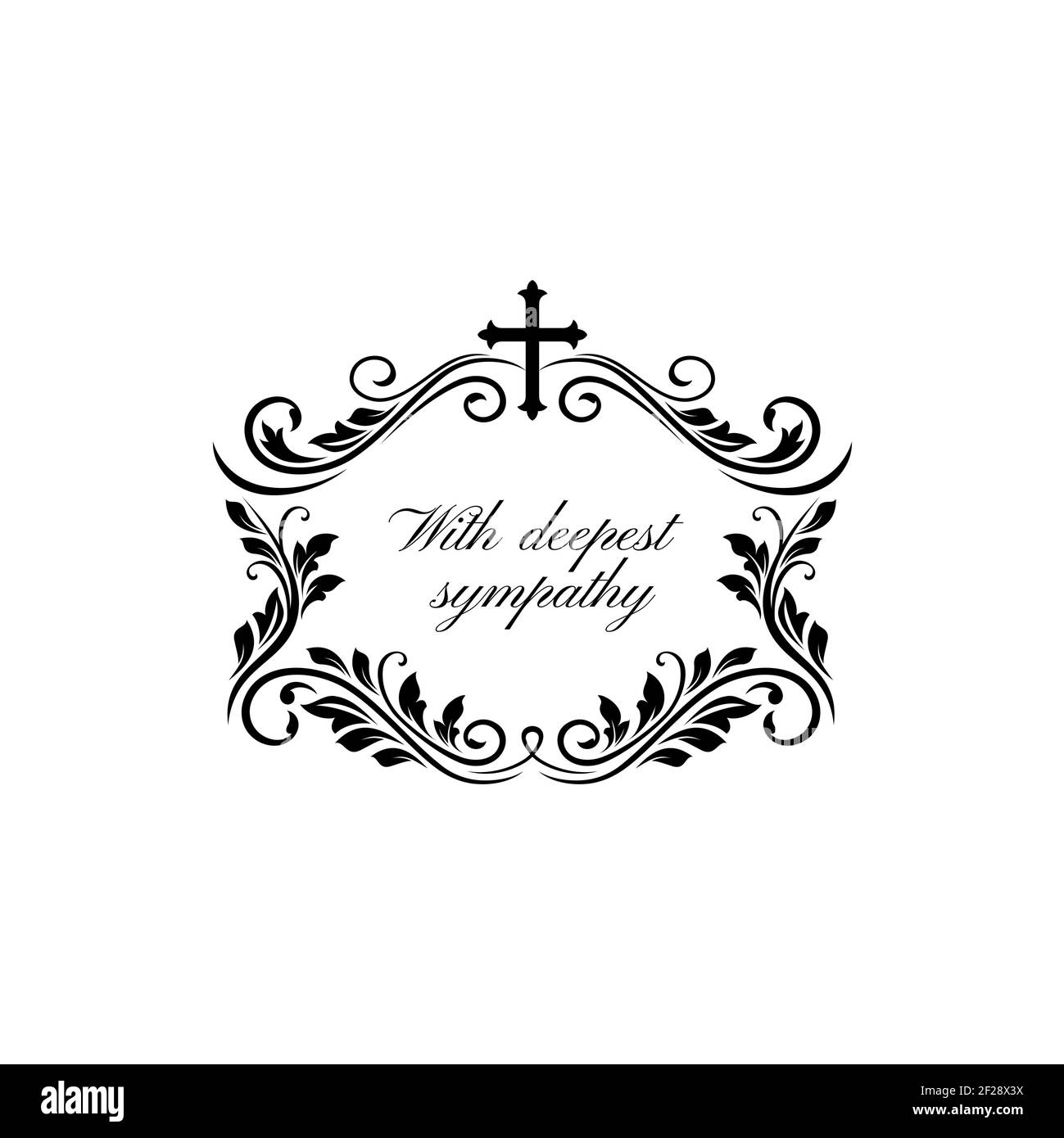 Obituary memorial lettering and floral ornament with cross isolated monochrome frame. Vector grief text with crucifix, flowers and leaves border, fune Stock Vector