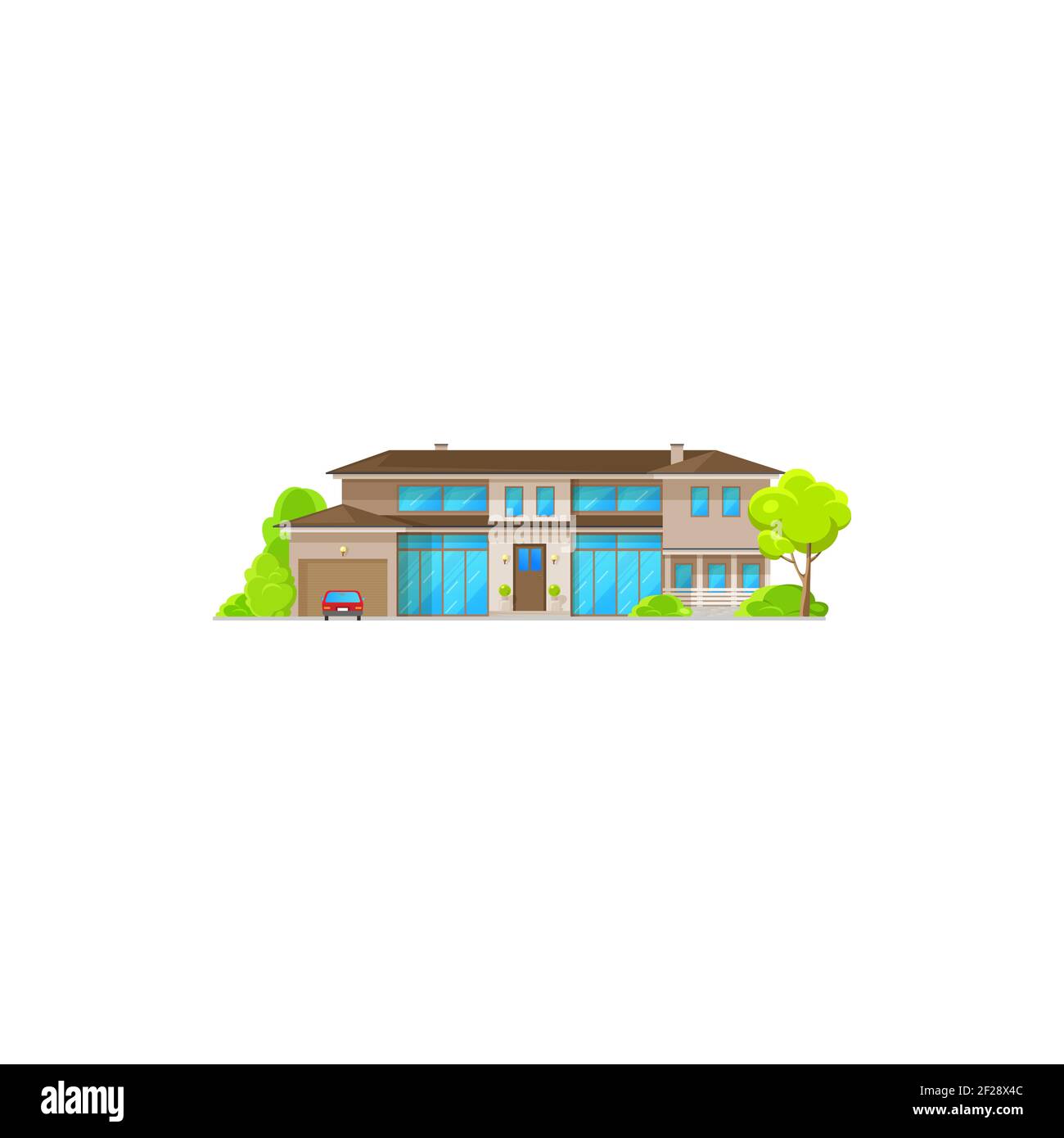 House country dwelling outdoor facade with garage and parked car ...