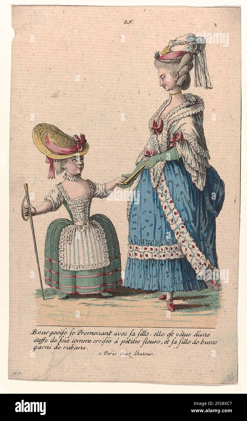 Gallerie des Modes et Costumes Français, 1785, nr. 25, nr. 50, Kopie naar H 45 : Bourgeoise se promenant avec sa fill (...).Civilian woman, walking with her daughter going on. She is wearing a small shoulder sheath decorated with bows on a shap of silk with floral pattern. Accessories: hat with slip, round neck a cord or ribbon, long gloves, impeller, shoes with buckles. The girl wears a dress with square neck, the skirt decorated with ribbons. Striped decorative apron. Accessories: hat decorated with ribbon, around the neck a wrinkled ribbon (collette), walking stick with ribbon and shoes. Co Stock Photo
