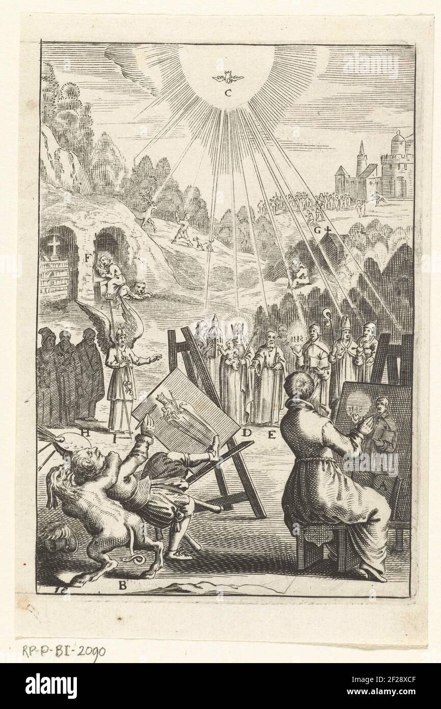 Romanschrijver verliezen profiel Embleem met mannen die portretten schilderen van heiligen om zo hun voorbeeld te volgen; Den wech des eeuwich levens.Two men and a spiritual sitting behind an easel and painting portraits of a Romanschrijver verliezen profiel Embleem met mannen die portretten schilderen van heiligen om zo hun voorbeeld te volgen; Den wech des eeuwich levens.Two men and a spiritual sitting behind an easel and painting portraits of a