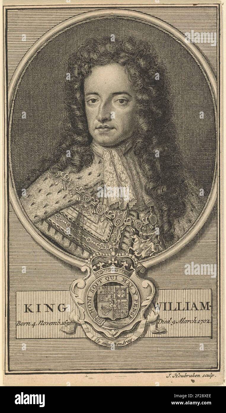 Portret van Willem III, prins van Oranje.Portrait of Willem III in an oval. In the middle of his weapon with a crown, decorated with the garter and the motto of the garter of the garter. Amgty sputter are under a banderole. In a framework His name, title, date of birth and death date. Stock Photo