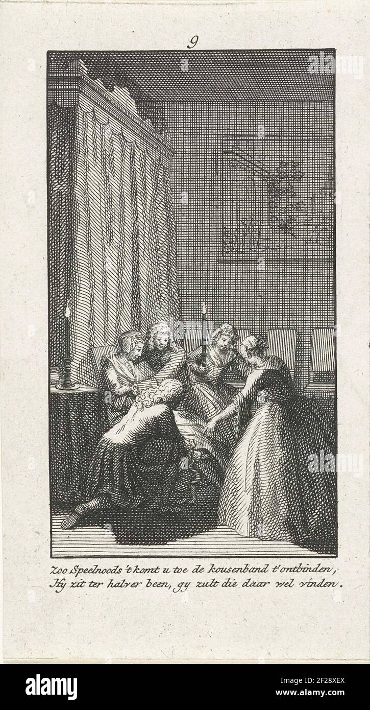 Dissolving the garter Facing marrying and first maternity bed in a decent Dutch household around 1750. Interior of sleeping room woman on chair seated man on knees next to it dissolves the