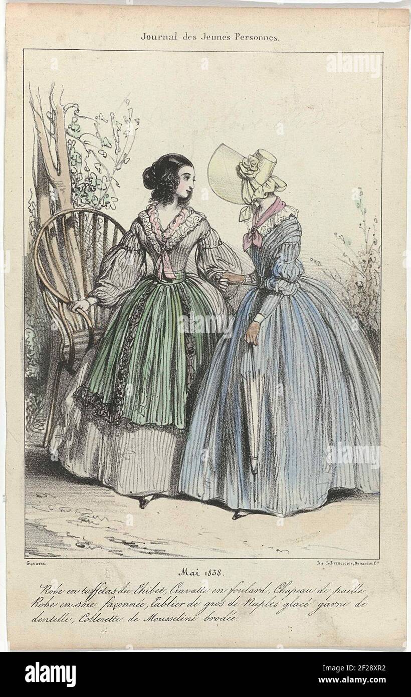 Mai 1838. Robe en taffetas du Thibet cravatte sic en foulard chapeau de paille. Robe en coie faconnee tablier de gros de Naples glace garni de dentelle collerette de