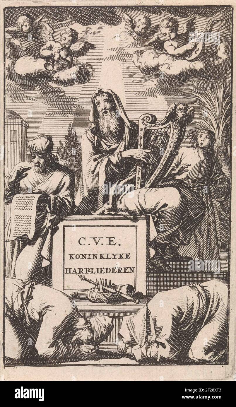 David plays on his harp; Title page for: C. van Eecke, the Kinkyke Harpiederen, on news in Rym (...) expanded, 1698.David Plays on His Harp in the Presence of a Young Man and A Priest. For Him On The Floor There Are a Crown, Scroll And Scepter. Two Cherubs and Two Music-Making Angels in the air. People are in the Foreground Two Deep. Stock Photo