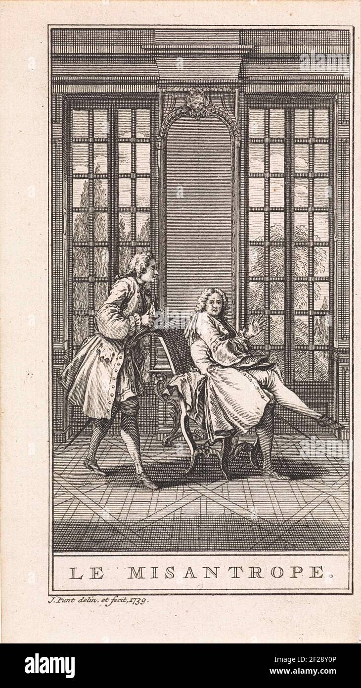 Twee mannen in een vertrek; Le Misantrope.A man is sitting at an armchair in a room, a second man walks to him. Scene from the play Le Misanthrope Ou L'Atrabilaire Amoureux (the manhater), from Molière. Stock Photo