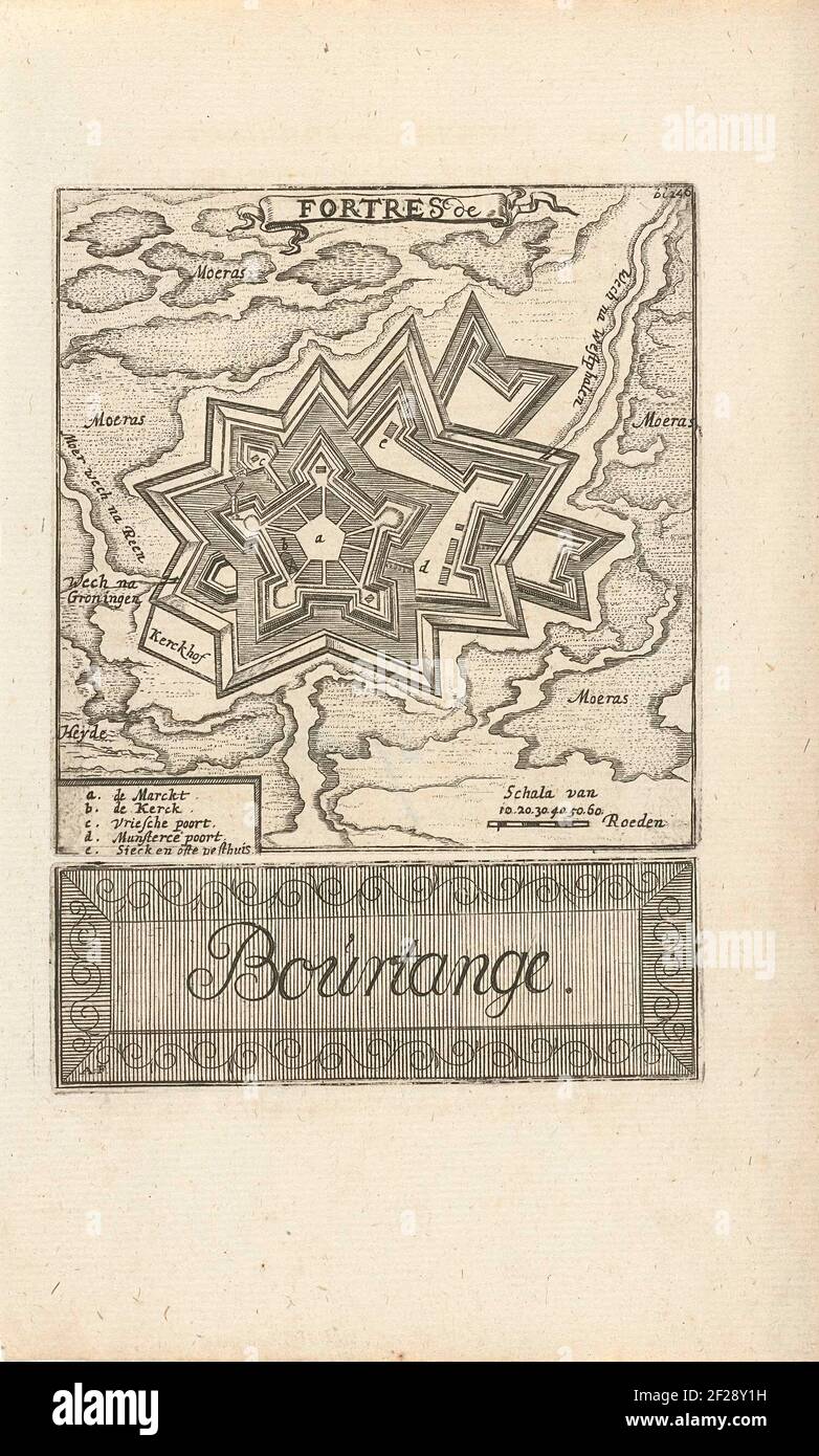 Kaart van de vesting Bourtange; Fortres de Bourtange.Two prints on one sheet: at the top of a print with a representation of the Bourtange fortress and below it a print with the title in a cartouche. In the upper print at the top of a part of the title on a ribbon, at the bottom left of a legend and a scale at the bottom right. At the top right: bl. 246. Stock Photo