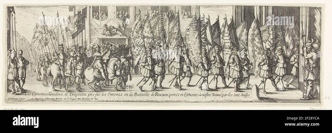 Procession with the Spanish banners Bot up in the Battle of Rocroi, 1643; Les Cornettes, Guidons, et DRapeaux Pris sur Les Mermemis and La Bataille de Rocroy, Portés and Ceremony à Nostre Damé, Par les Cent Suisses.opocht with the During the Battle of Rocroi (May 19, 1643) on the Spaniards Baked bells and flags, Worn by one hundred Swiss soldiers to the Notre-Dame church, 1643. procession with soldiers on foot and on horseback. Stock Photo