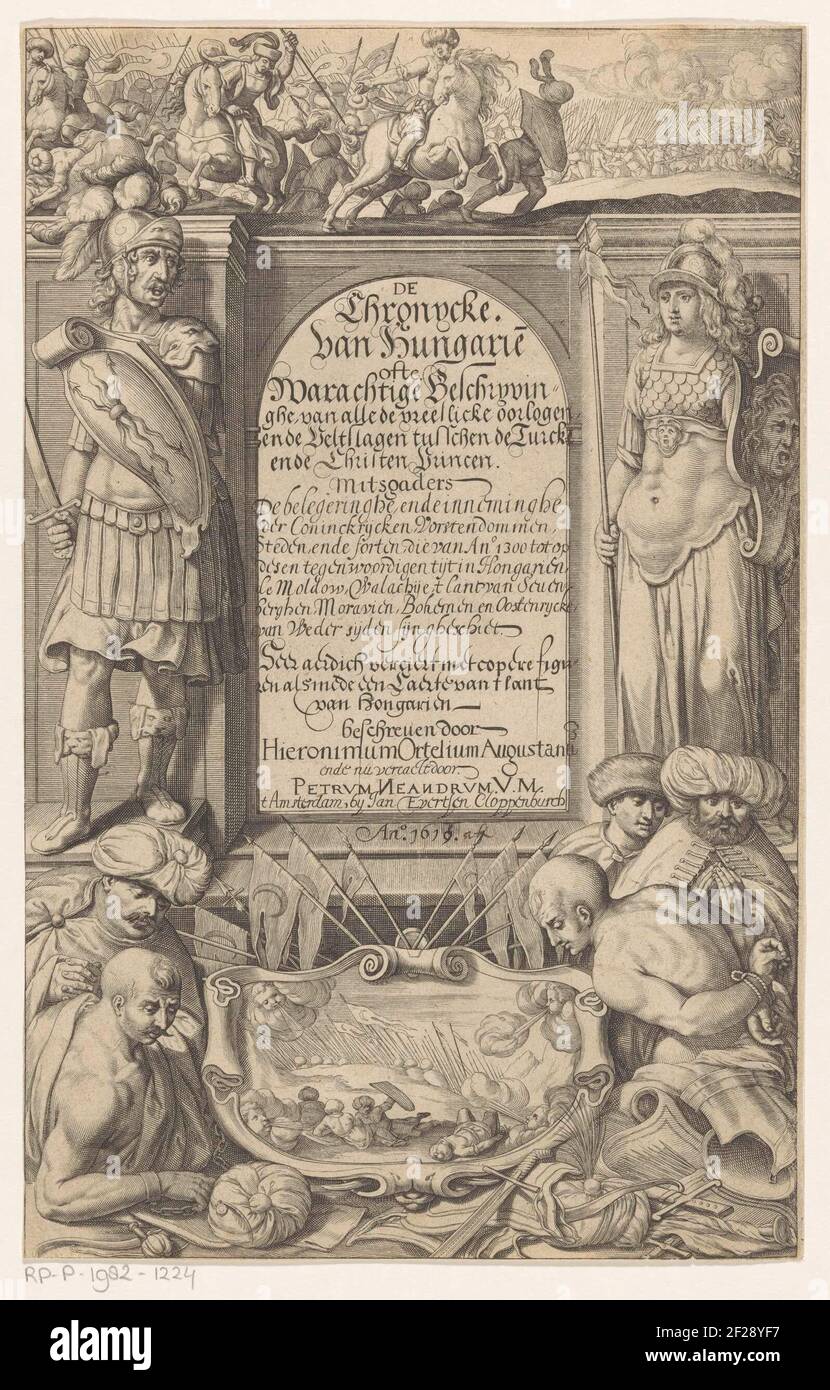 Minerva en man in harnas; Titelpagina voor: Hieronimus Ortelius, De Chronycke van Hungarie, 1619.Minerva with shield with medusa juice and a man in harness with sword and shield with lightning bolts, possibly mars, flanking the title. For this, two chained figures and three men with turban are next to a cartouche with flugs and a battle. At the top a battle with riders on horseback. Stock Photo