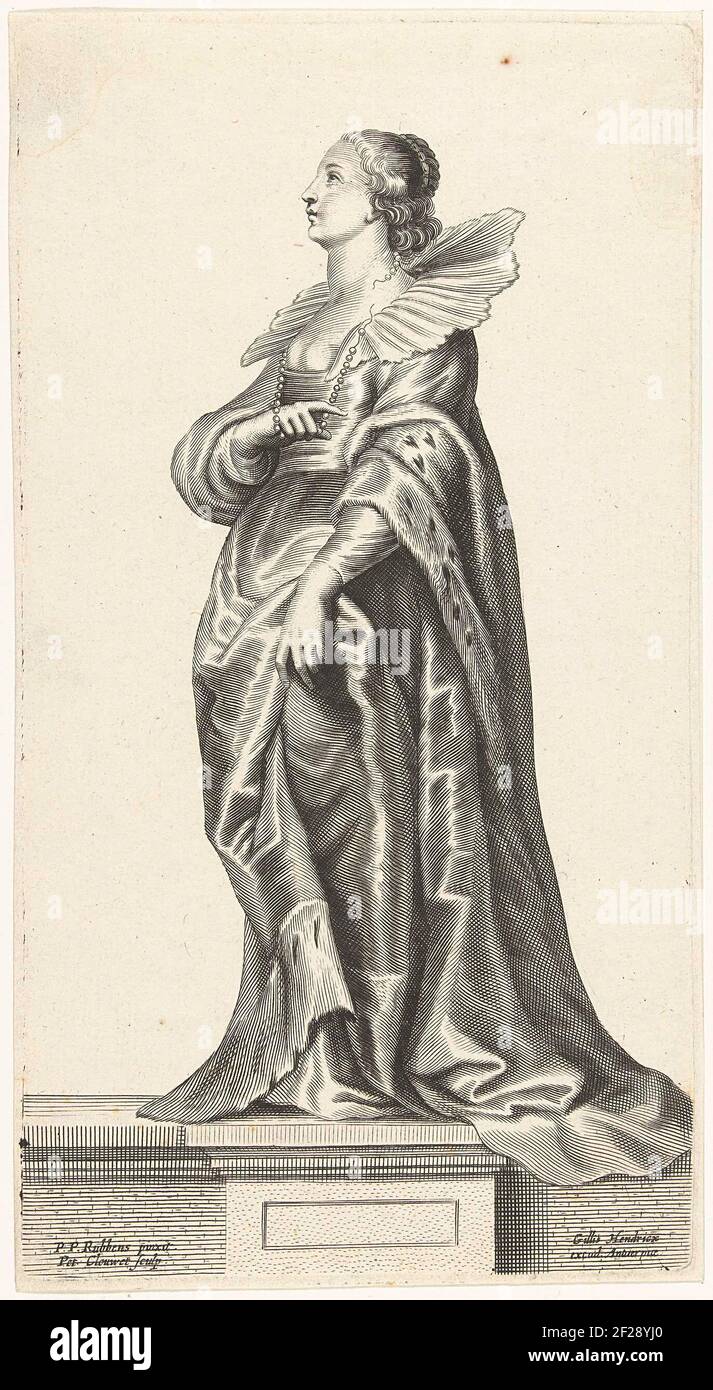 Portret van een onbekende vrouw; SS Apostolorum Iconen.The print shows a portrait of an unknown woman. She is probably the command gender of the Rubens paintings set on which the series is based. The series consists of prints based on paintings by Peter Paul Rubens. Stock Photo