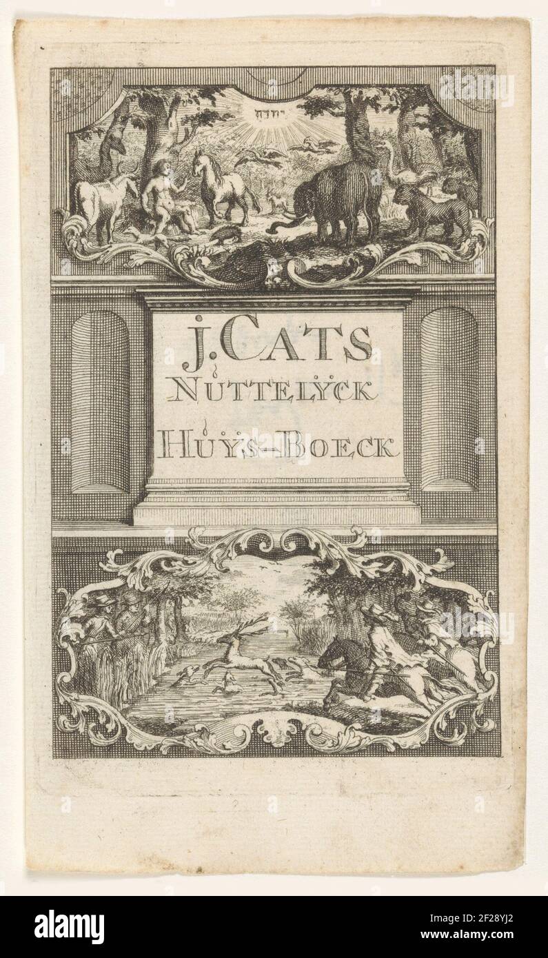 Orpheus with the animals and a deer hunt; Title page for: Jacob Cats, Nutselck Huys-Boeck, 1769.two Cartouches with the Title Between them. In The Upper Cartouche A Young Man, Possibly Orpheus, Is surrounded by Animals. In The Lower Cartouche a Deer Hunt. Stock Photo