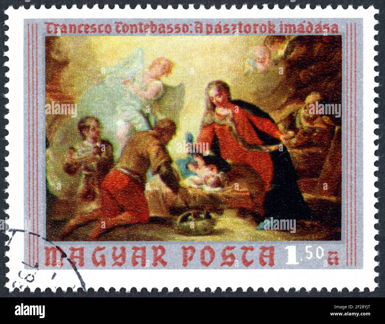 A stamp printed in Hungary, shows the paintings from Christian Museum, Esztergom: Adoration of the Shepherds, by Francesco Fontebasso, circa 1970 Stock Photo