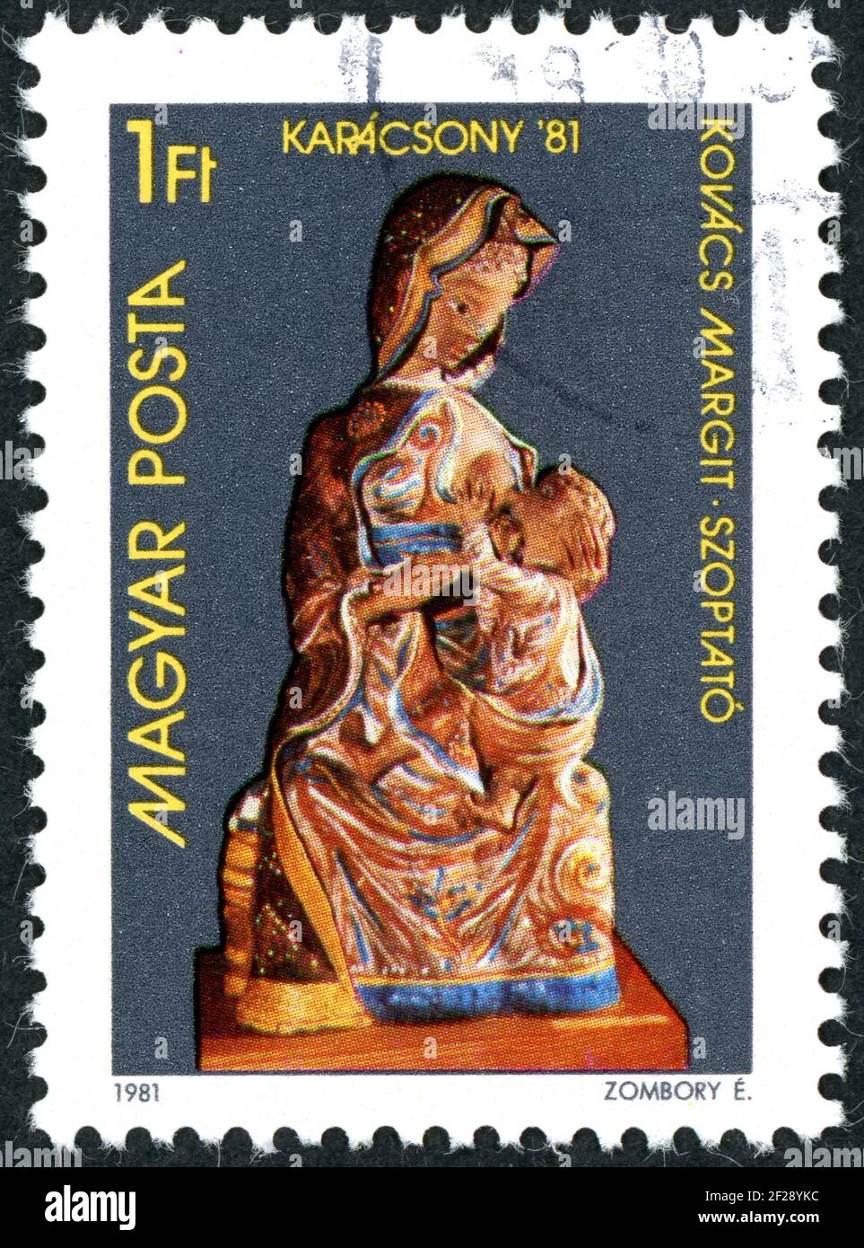 HUNGARY - CIRCA 1981: A stamp printed in Hungary, shows the sculpture: Mary Nursing the Infant Jesus, by Margit Kovacs, circa 1981 Stock Photo