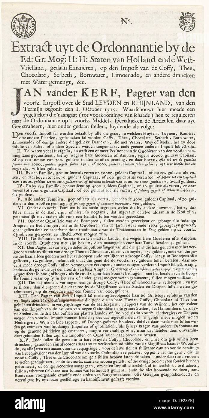 Impost on the drinks coffee, tea, chocolate etc, 1717; Extract uyt the ordinance by the ED: GR: MOG: H: H: states of Holland and West-Vriesland, done emalans, on the impost of Coffy, Tea, Chocolate, Serbeth, Bornwater, Lime Deader, and other Drancken with water, & c..tax Document With the Impost on the Drinks Coffee, Tea, Chocolate etc, 1717. Presicted Form With Pen and Ink Filled in, The Name Has Been Brought. Treat to lead and with on June 1717 date. Printed on Both Sides of the Leaf. Stock Photo