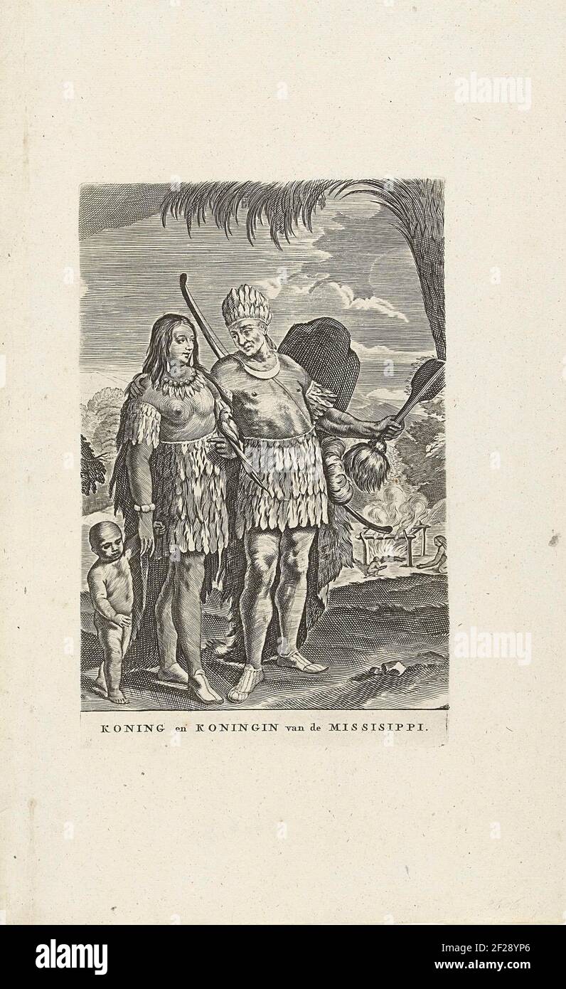 Koning en Koningin van de Mississippi, 1720; Koning en Koningin van de Missisippi; Het Groote Tafereel der Dwaasheid.A family of three North American Indians, called the king and queen of the Mississippi. In the background cannibalism, toasting on a fire of human limbs. Used as reference to the Mississippi company. Print 71 in the series The large scene of foolishness with cartriders on the 1820 wind trade or action trade. Stock Photo
