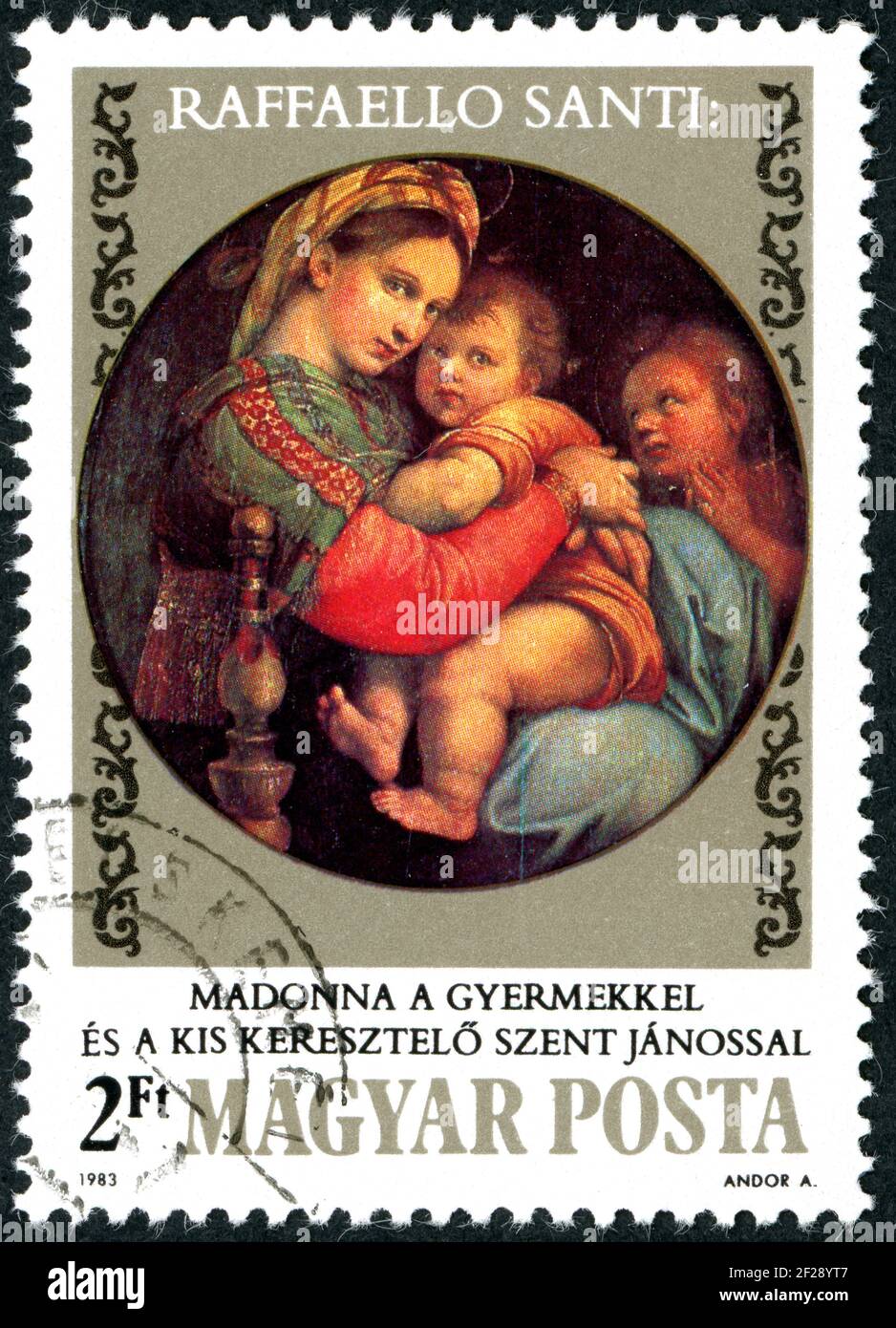 HUNGARY - CIRCA 1983: A stamp printed in Hungary, shown the painting of Madonna della seggiola, by Raffaello Santi, circa 1983 Stock Photo