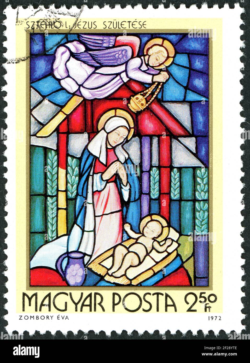 HUNGARY - CIRCA 1972: A stamp printed in Hungary, shown the stained glass with Nativity, by Lili Sztehlo, circa 1972 Stock Photo