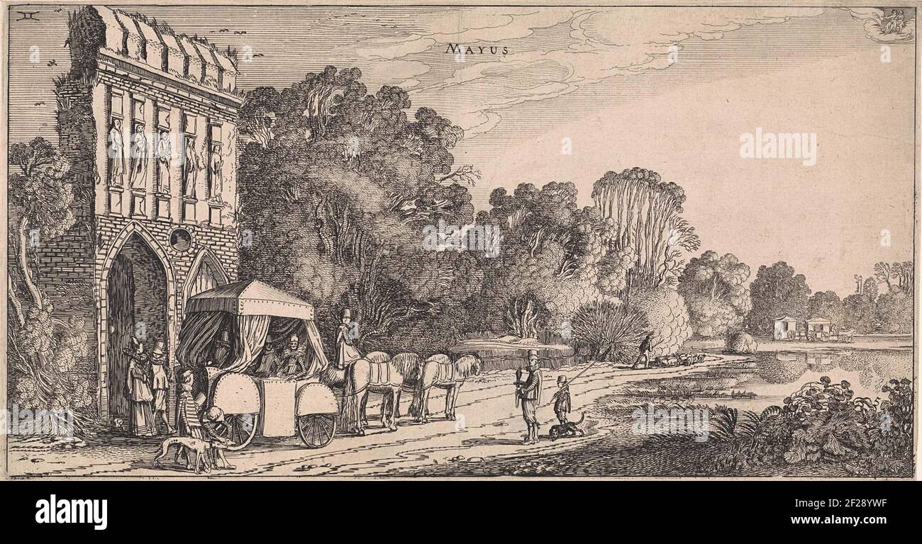 Mei; Mayus; De twaalf maanden.A landscape with an elegant company in a  still, with four horses made, carriage, representing the month of May. The  carriage is in a ruin with five images