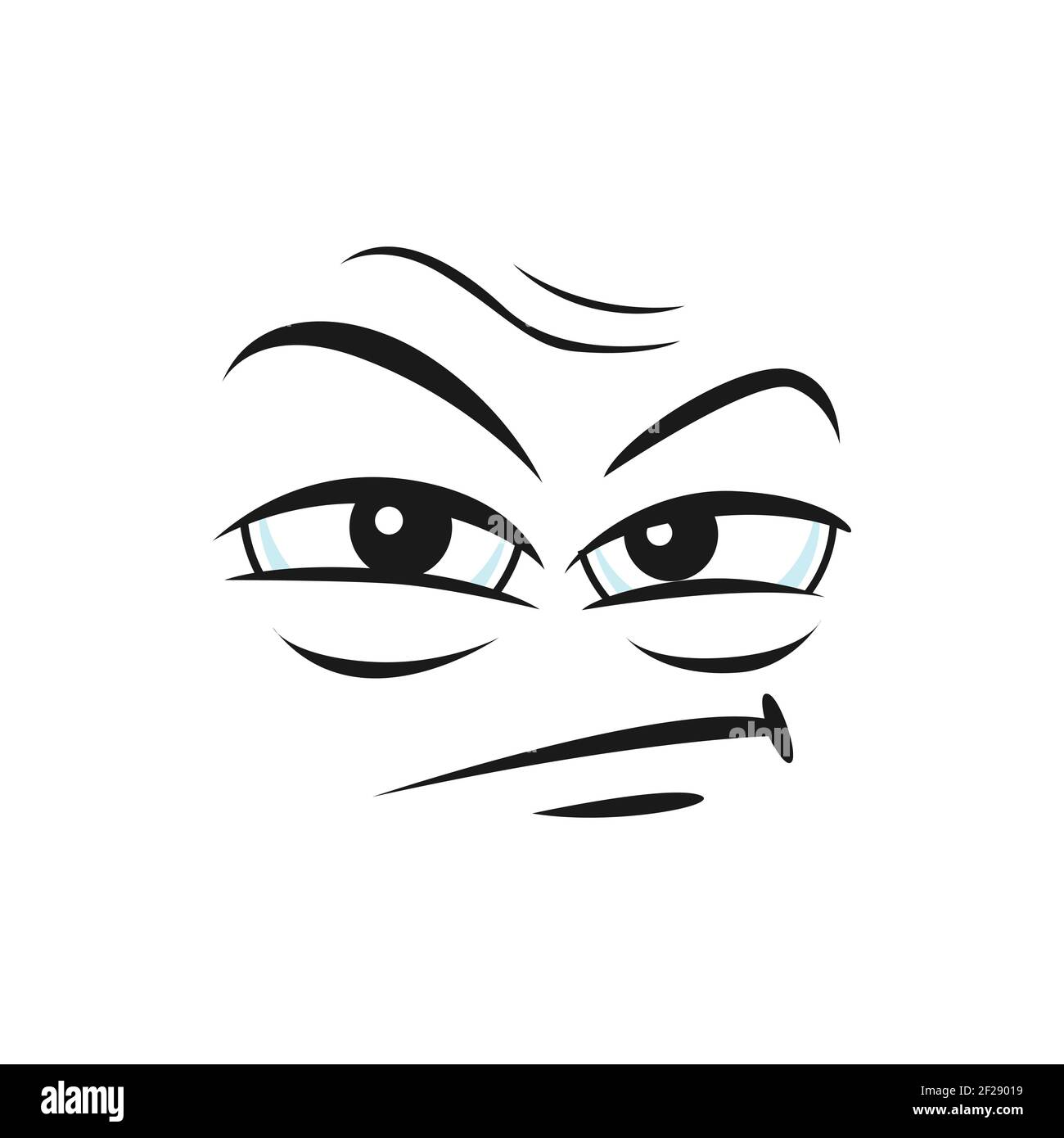 Doubtful smiley, disbelief mistrusted emoji facial expression isolated  icon. Vector insidious emoticon with angry face. Distrusted sad mood emoji.  Distrustful emoticon with big eyes and open mouth Stock Vector