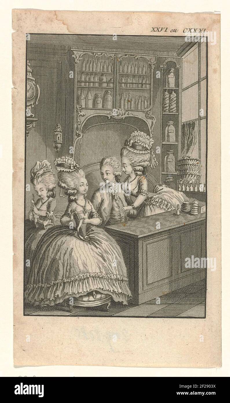 Interieur winkel 18de eeuw, met drie vrouwen en een man achter de toonbank.Interior of a (?) With three sitting women and a man behind the counter. From left to right: Woman