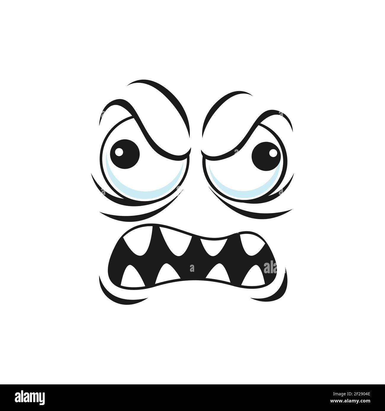 Distrusted sad mood suspicious expression face expression isolated emoticon with rare tooth smile. Vector distrustful emoji with big eyes, mad smiley Stock Vector