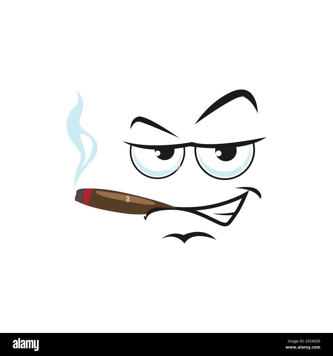 Wicked popped-eyed smiley, angry emoticon with smirked in triumph smile isolated emoji smoking cigarette or pipe. Vector self-confident emoticon head, Stock Vector