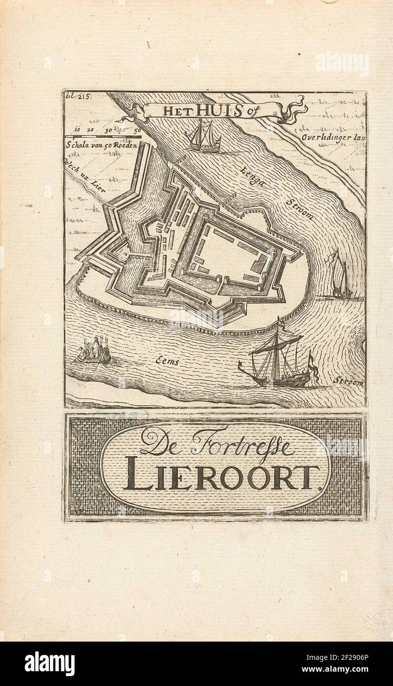 Kaart van de vesting Lierort; Het Huis of De Fortresse Lieroort.Two prints on one sheet: at the top of a print with a presentation of the Lierort fortress and below a print with the title in a cartouche. In the upper print at the top of a part of the title on a ribbon, a scale and: bl. 215. Stock Photo