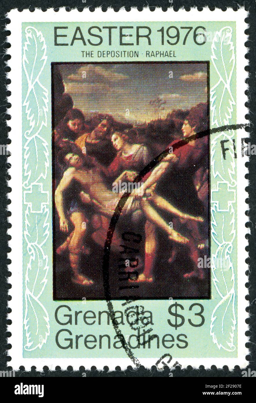 GRENADA GRENADINES - CIRCA 1976: A stamp printed in Grenada Grenadines, Easter issue, shown the Deposition, by Raphael, circa 1976 Stock Photo