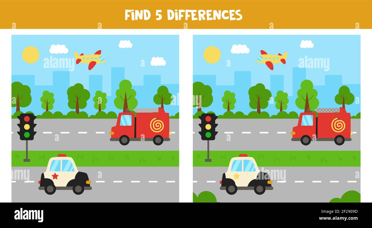 Find five differences between pictures. Cityscape with transport. Stock Vector