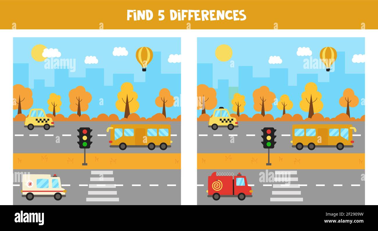 Find five differences between pictures. Cityscape with transport. Stock Vector