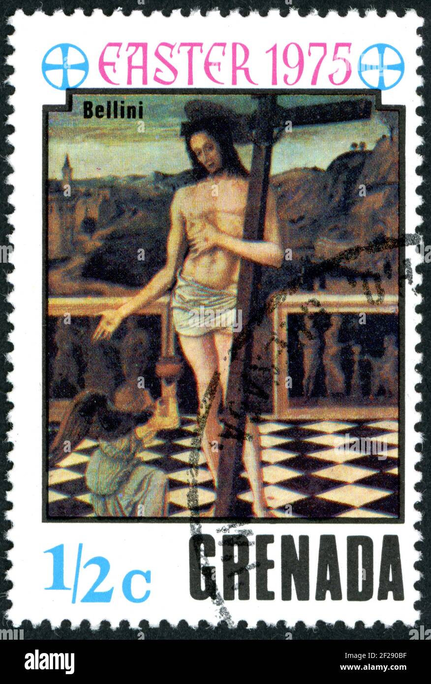 GRENADA - CIRCA 1975: A stamp printed in Grenada, shown the painting by Giovanni Bellini - Blood of the Redeemer, circa 1975 Stock Photo