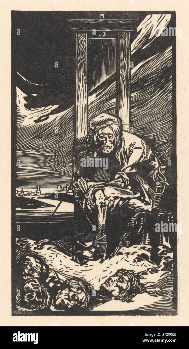 De Dood bij de guillotine.Death sitting for a guillotine. He smokes a pipe. There are four severed heads at his feet. In the background a city. Stock Photo