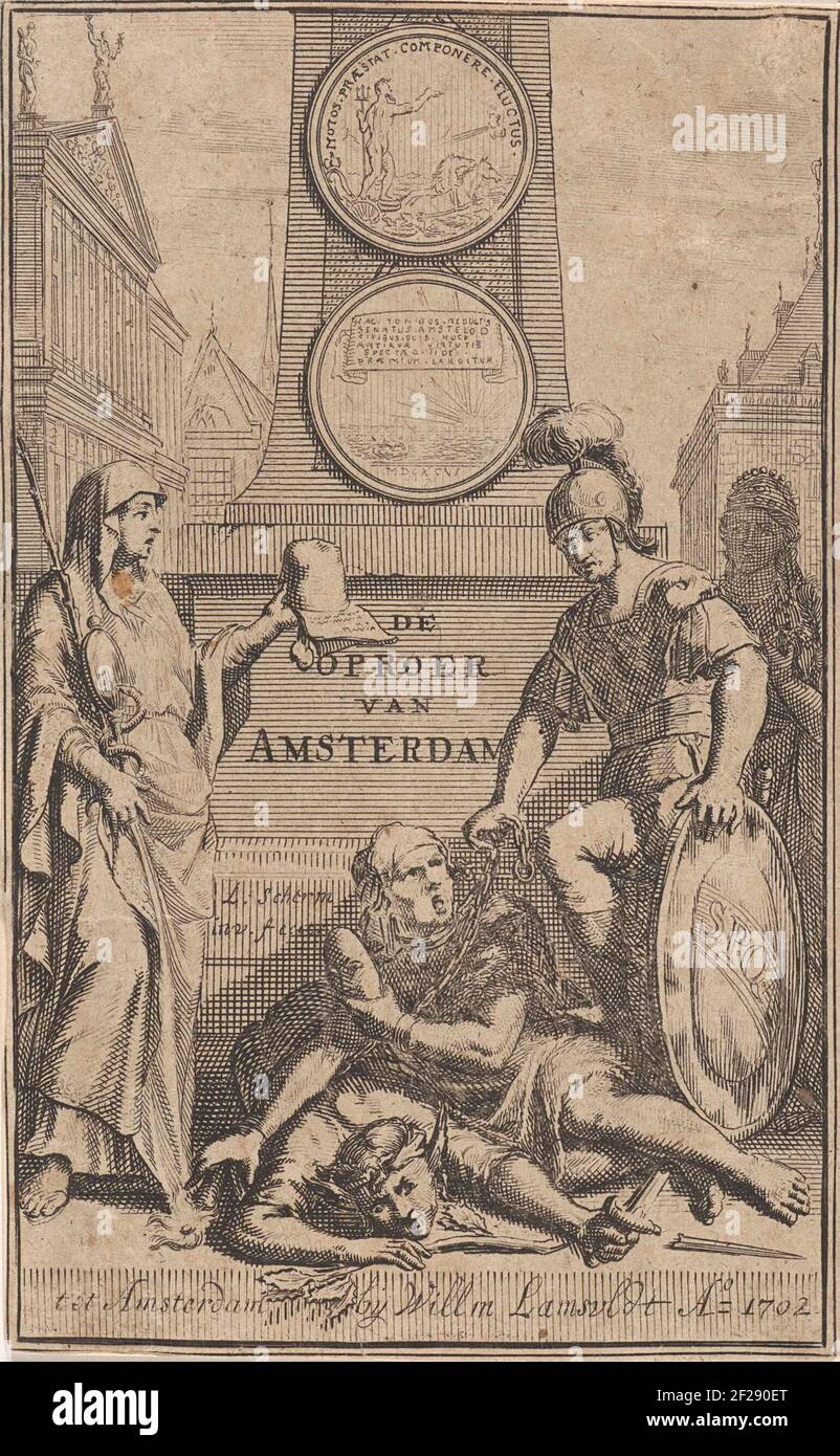 Allegorische figuren voor een obelisk; Titelpagina voor: Rabus, Pieter. Historie van den oproer, te Amsterdam voorgevallen (…) 1696 (…), 1702 / 1725 / 1733.Allegorical show for an obelisk in which two racks (from the speaker from 1696) are chained and suppressed by a soldier. Left is caution with a mirror and a hose. On the right is the soldier, on his shield the abbreviation is S.P.Q.A. (The Senate and the people of Amsterdam). In his left hand he has chains, with which he fascinated the man for him. Among this man is a man with donkey ears and a broken dagger. On the obelisk, two medallions Stock Photo