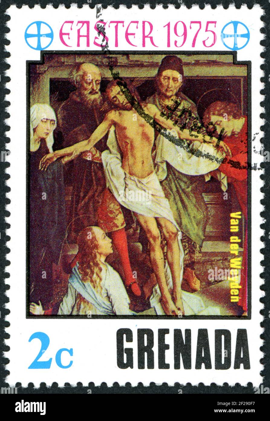 GRENADA - CIRCA 1975: A stamp printed in Grenada, shown the painting by Rogier van der Weyden - The Deposition, circa 1975 Stock Photo