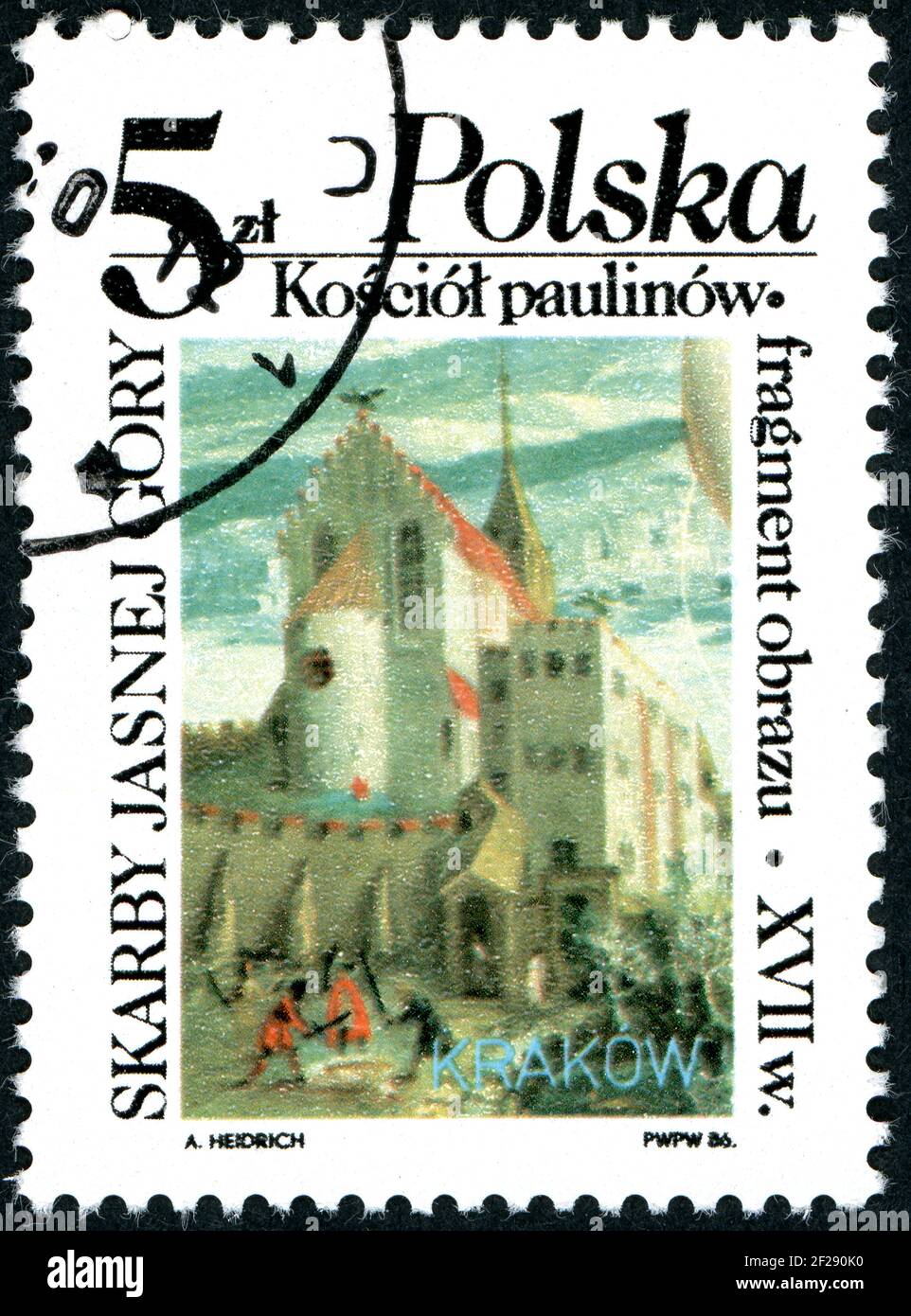 POLAND - CIRCA 1986: A stamp printed in Poland, shown the Paulinite Church on Skalka in Krakow, circa 1986 Stock Photo