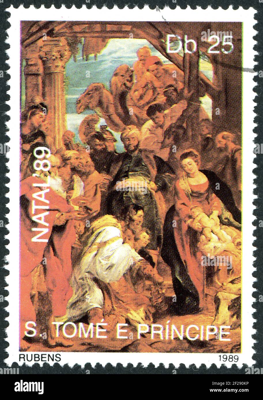 ST. THOMAS AND PRINCE - CIRCA 1989: A stamp printed in Saint Thomas and Prince, shown the painting by Rubens - Adoration of the kings, circa 1989 Stock Photo