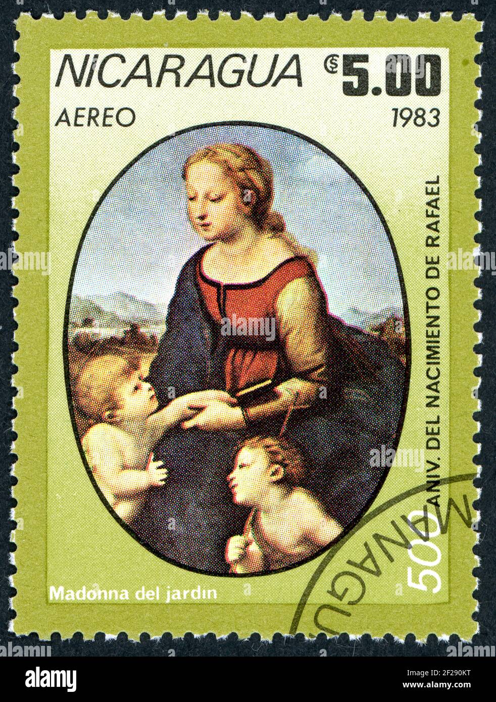 NICARAGUA - CIRCA 1983: A stamp printed in Nicaragua, shown the painting by Raphael - La Belle Jardiniere, circa 1983 Stock Photo