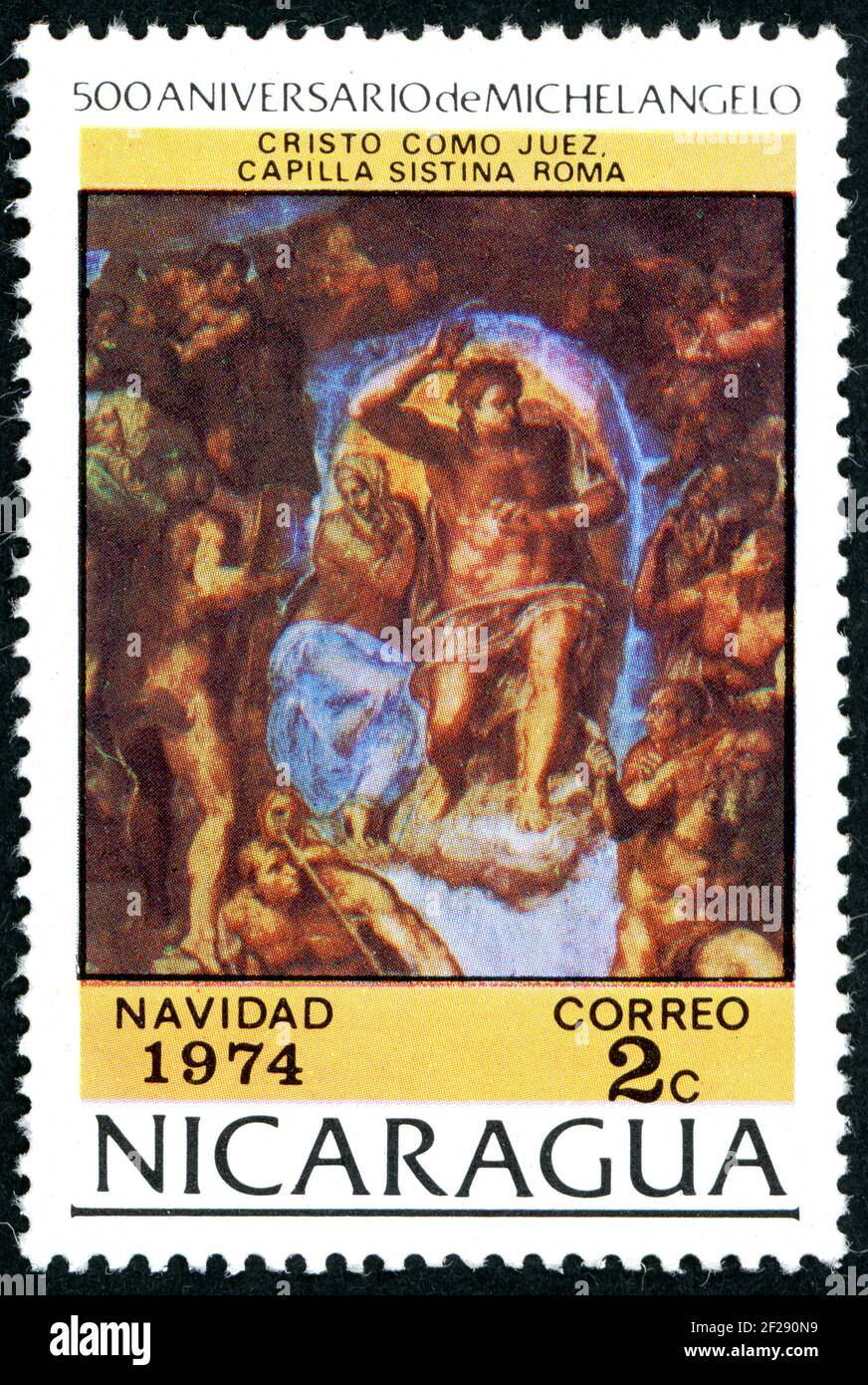NICARAGUA - CIRCA 1974: A stamp printed in Nicaragua, Christmas issue, shown the painting by Michelangelo - The Last Judgment, circa 1974 Stock Photo