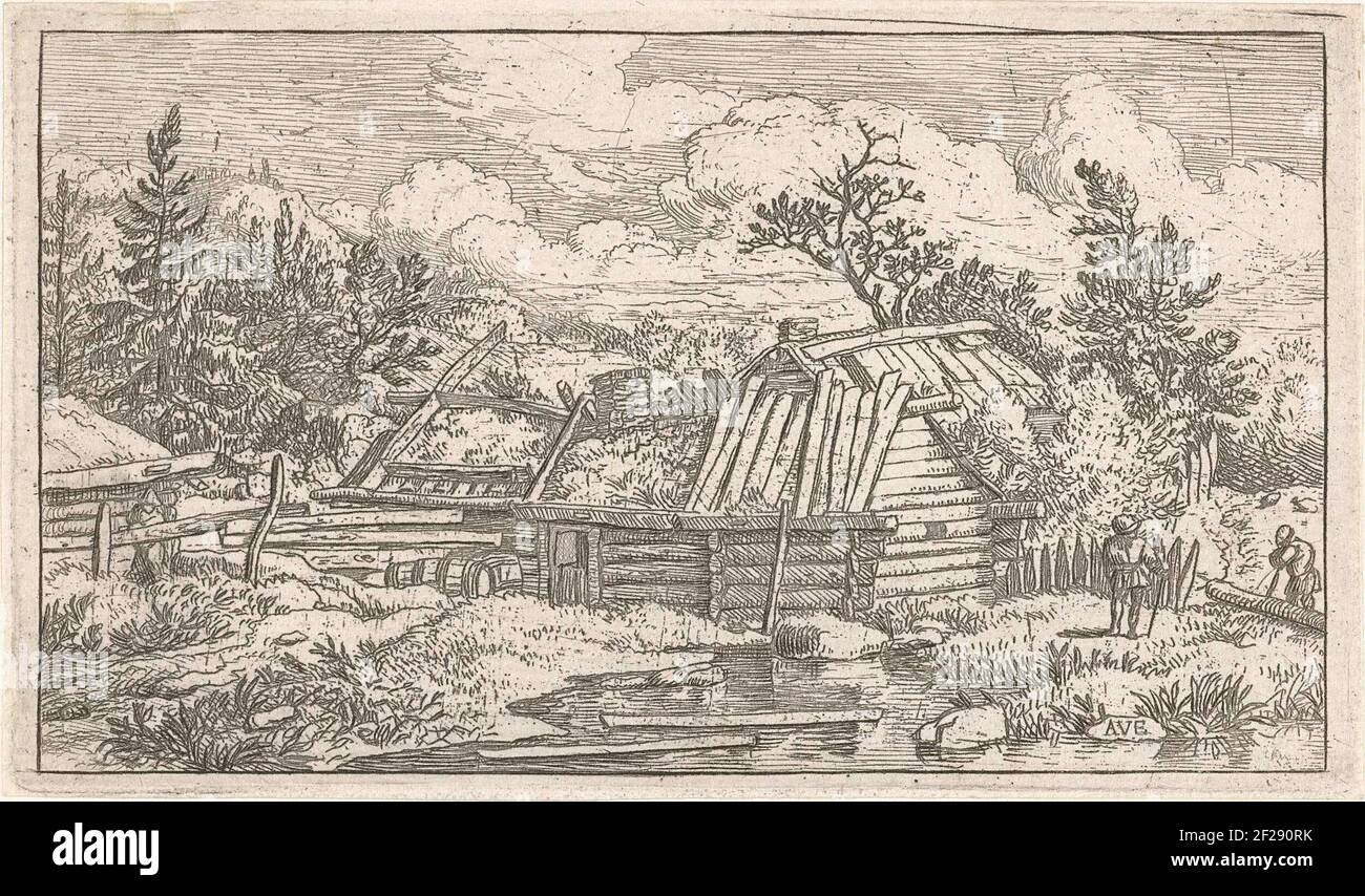 Landscape with expired house and sawing man; Two floating trunks for a ruined house. View on a distant house on a small lake in which two shelves float. In addition to the house two people, one of which is a tree trunk. Stock Photo