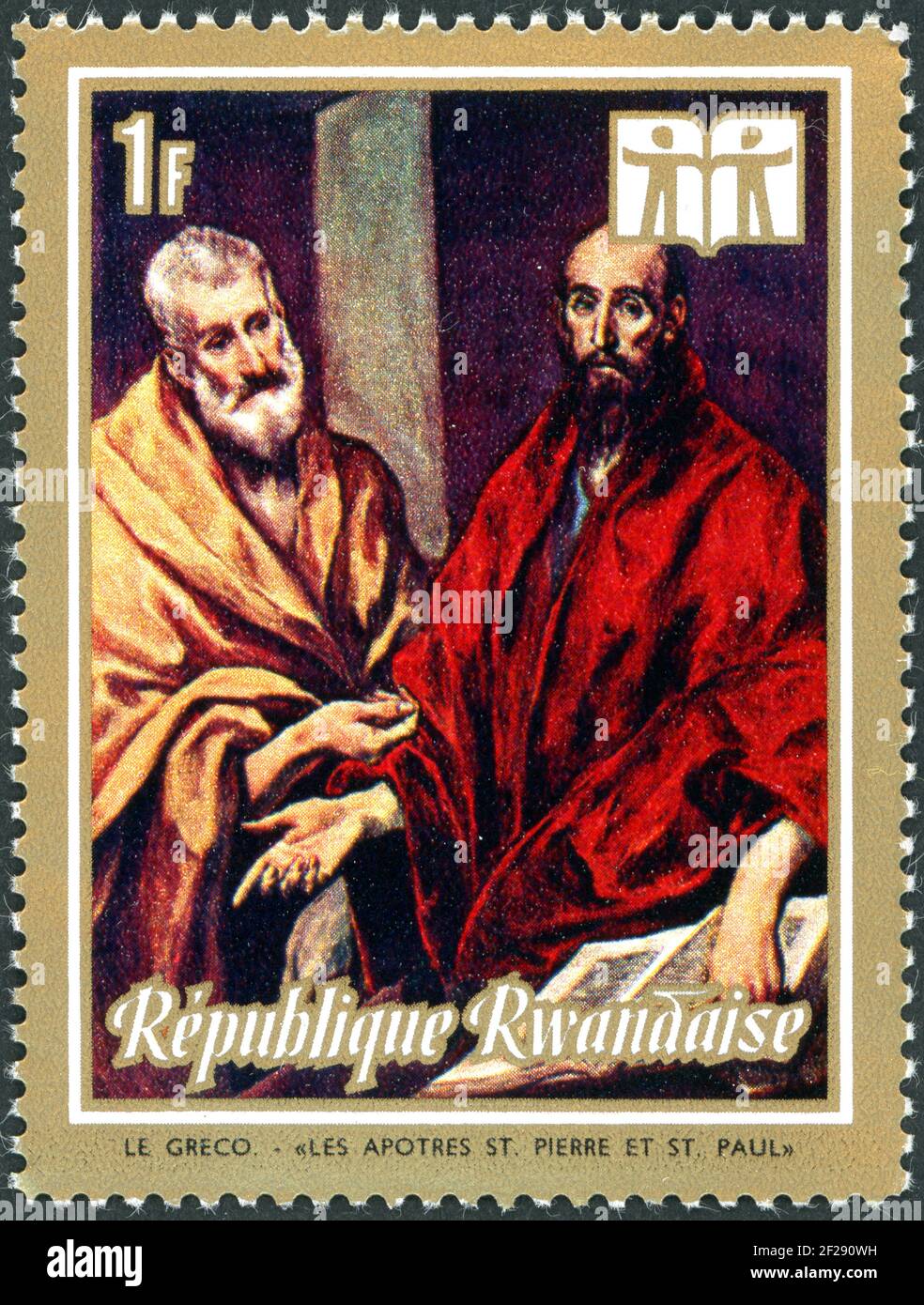 RWANDA - CIRCA 1973: A stamp printed in Rwanda, shown the painting by El Greco - The apostles St. Peter and St. Paul, circa 1973 Stock Photo